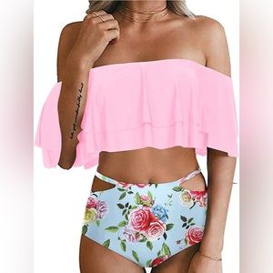 Tempt MeTwo Piece High Waisted Bikini,Tummy Control Bottoms Ruffle Off Shoulder